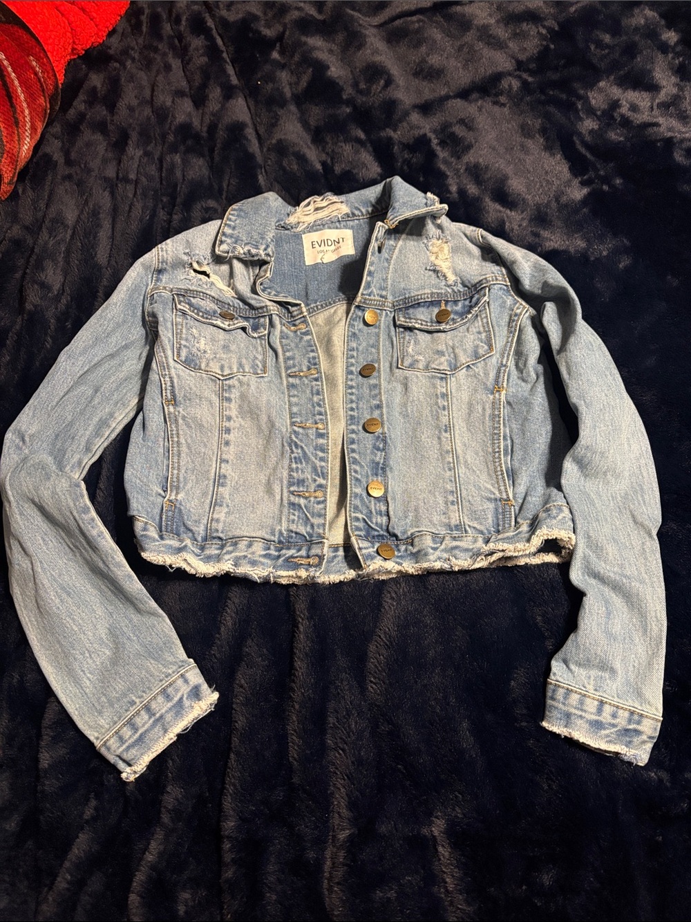 EVIDNT Light Wash Distressed Cropped Denim Jacket